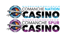 Two different colored banners with the words comanche casino and sporting.